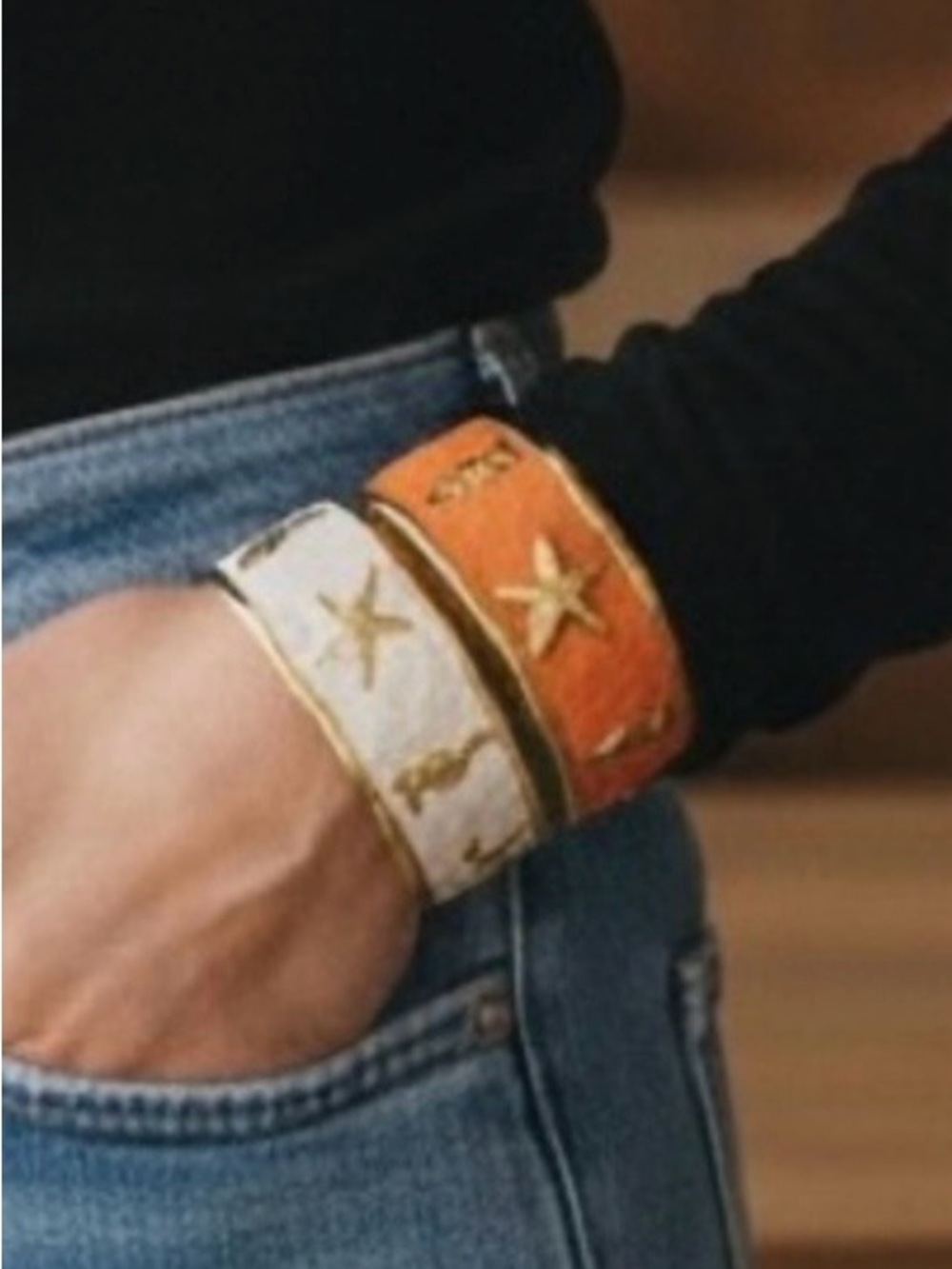 2 Stacked Star-Accent Cuffs in Orange & Ivory